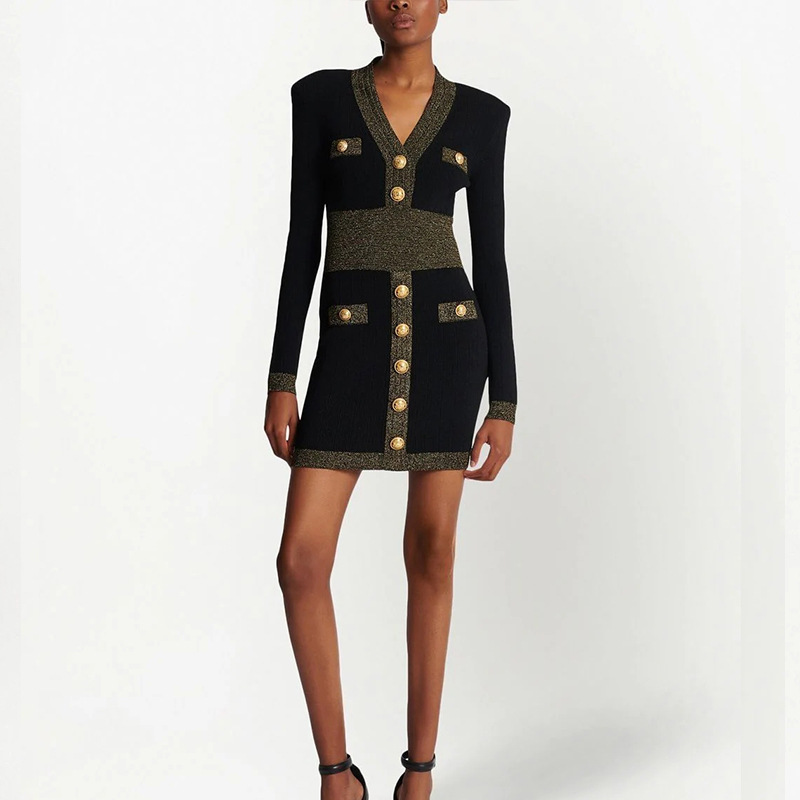 Spring women's clothing 2023 new bright silk stitching high quality long sleeve waist-tight knitted dress European and American cross-border hot sale