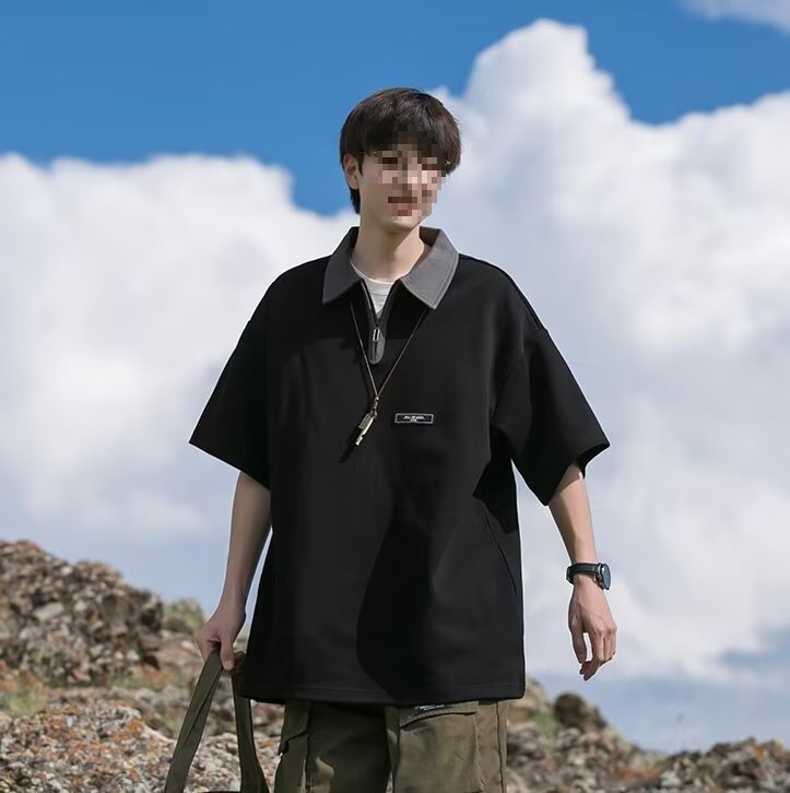 Hong Kong Style Japanese Style Teenage Polo Shirt Men's Short-sleeved Summer Loose Casual Half-sleeved Men's Lapel Half-zipper T-shirt