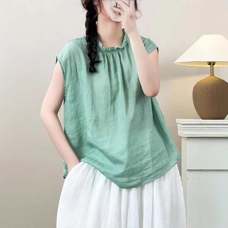 Summer New Sweet Ruffle Collar Ramie Top for Women, Sleeveless, Reversible, Solid Color, Elegant Blouse