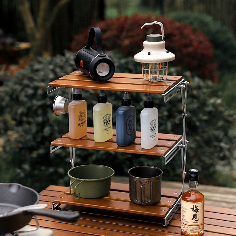 Outdoor Camping Three-layer Storage Rack Solid Wood Foldable Portable Camping Folding Table Multi-layer Multifunctional Storage Table Outdoor Camping Three-layer Storage Rack Solid Wood Foldable Portable Camping Folding Table Multi-layer Multifunctional Storage Table