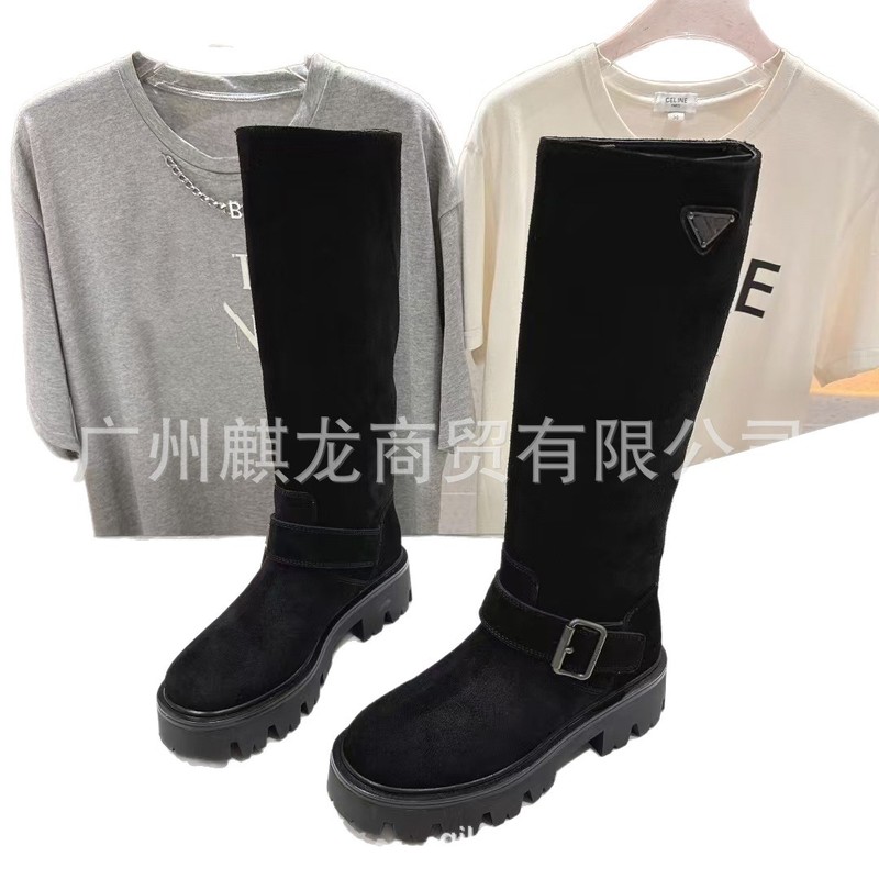 高端2025秋冬三角扣磨砂真皮圆头复古厚底增高显瘦高筒骑士靴长靴|undefined