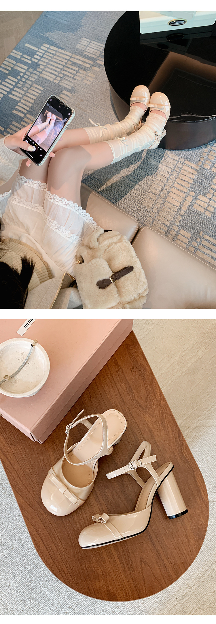 Sandal cao gót nữ mũi nhọn quai ngang nơ bướm, gót vuông ổn định — màu đen, Rượu vang đỏ, màu mơ chi tiết 12