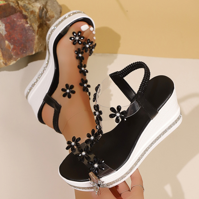Foreign Trade Thick-Soled Sandals for Women 2025 Summer New Large Size Fashion Wedge Heel Flower Rhinestone Fairy Seaside Beach Shoes