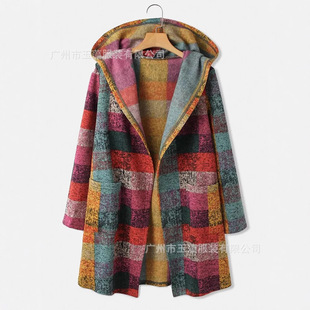 Women's plaid vintage plaid printed hooded sweater cardigan fleece jacket