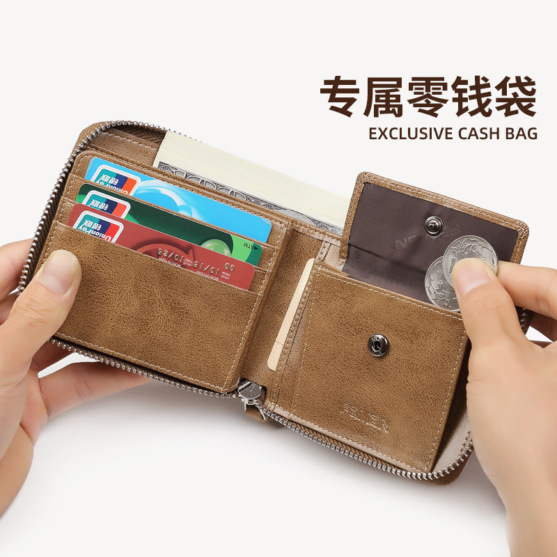 Cartera para hombre 2025 nueva billetera corta de cuero con cremallera multifuncional billetera de marca de moda licencia de conducir cepillo antirrobo para hombre