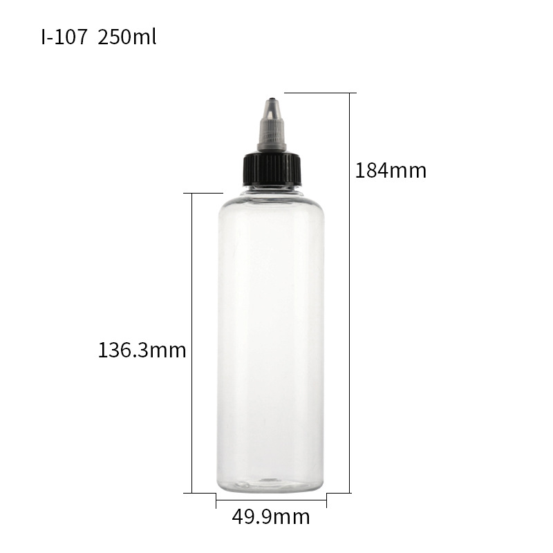 En stock pet50ml botella de plástico transparente 100mL botella de mezcla de color de pigmento 250ml botella de inyección de aceite de dispensación de boca puntiaguda botella de compresión