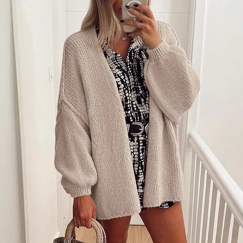Women's Oversized Cardigan Sweater 2025 Autumn Long Lantern Sleeve Knitted Open Front Lightweight Sweater