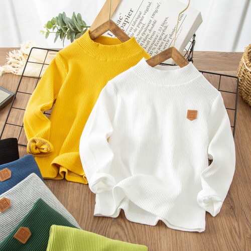2025 Autumn/Winter Korean Style Knit Sweater for Boys and Girls, Children's Elastic Hoodie, Medium and Tall Collar Sweatshirt, Solid Color for Young Children