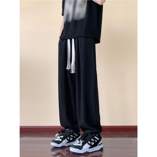 Cotton Linen Casual Men's Summer Thin Oversize Wide Leg Loose Pants American Street Style Linen Straight Leg Pants Trendy