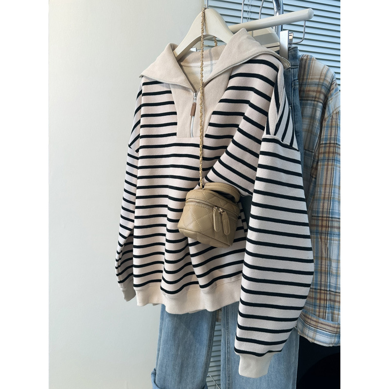 American Retro Half-Zip Turn-Down Collar Striped Sweatshirt for Women, Loose and Casual Style Jacket Top, 2026 Autumn Trend