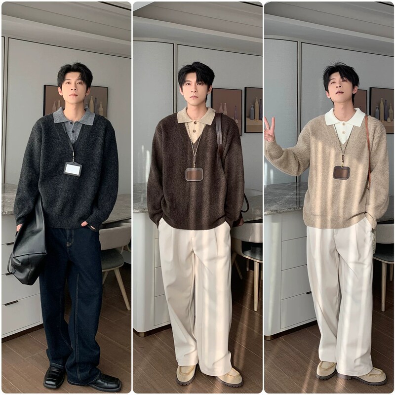 Fake Two-Piece Polo Collar Knit Sweater Long-Sleeve Pullover Autumn and Winter Men's Korean Style Loose High-End Lazy Style Top Fake Two-Piece Polo Collar Knit Sweater Long-Sleeve Pullover Autumn and Winter Men's Korean Style Loose High-End Lazy Style Top
