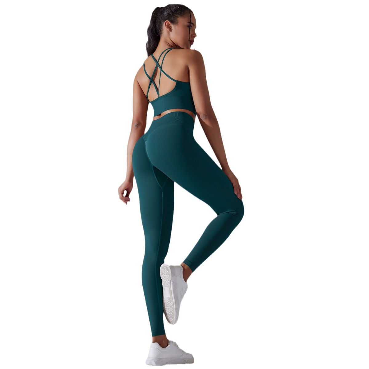 Transfronterizo europeo y americano sin costuras de punto de color sólido de nuevo alto elástico apretado ropa de yoga traje de entrenamiento ropa de dos piezas para las mujeres