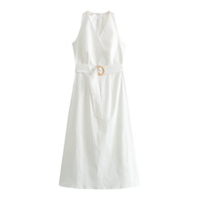 欧美风时尚气质V领无袖腰带收腰连衣裙夏季新款修身显瘦纯色长裙