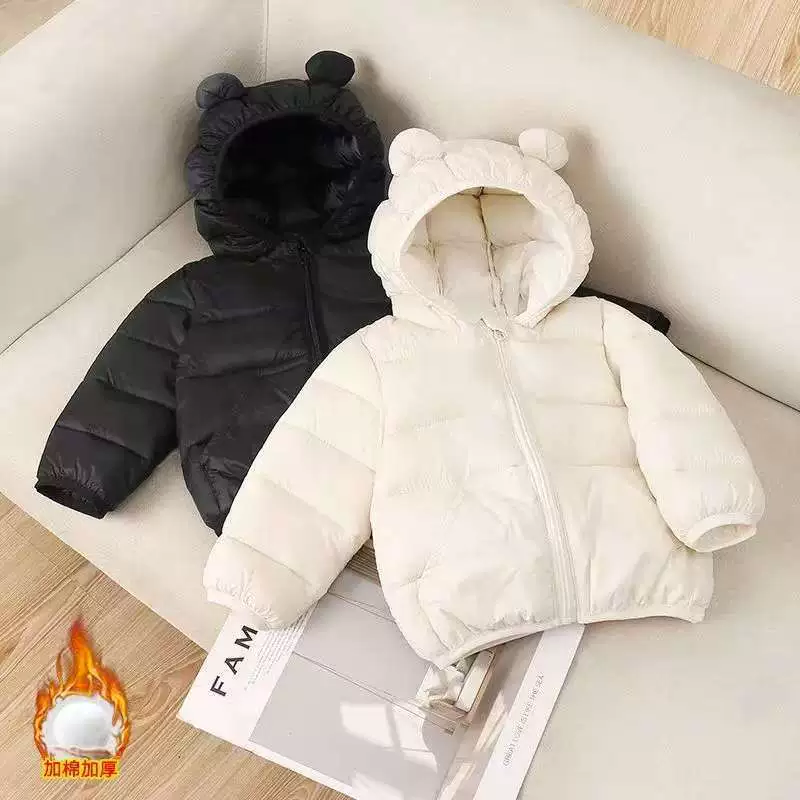 Детская легкая куртка с ушками медведя, пуховик из хлопка, короткий фасон, для мальчиков и девочек, осенне-зимняя, модная, для малышей