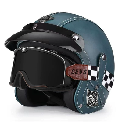 Motorcycle Safety Supplies: Motorcycle Leather Helmet Riding 3/4 - 555-leather-helmet-blue-large-frame-goggles-black-lens-s