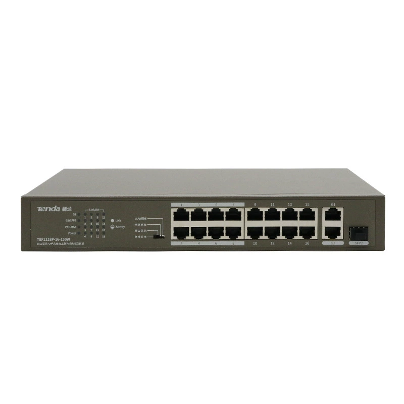 Коммутатор питания PoE Tenda TEF1118P Gigabit 16+2 по национальному стандарту, мониторинг