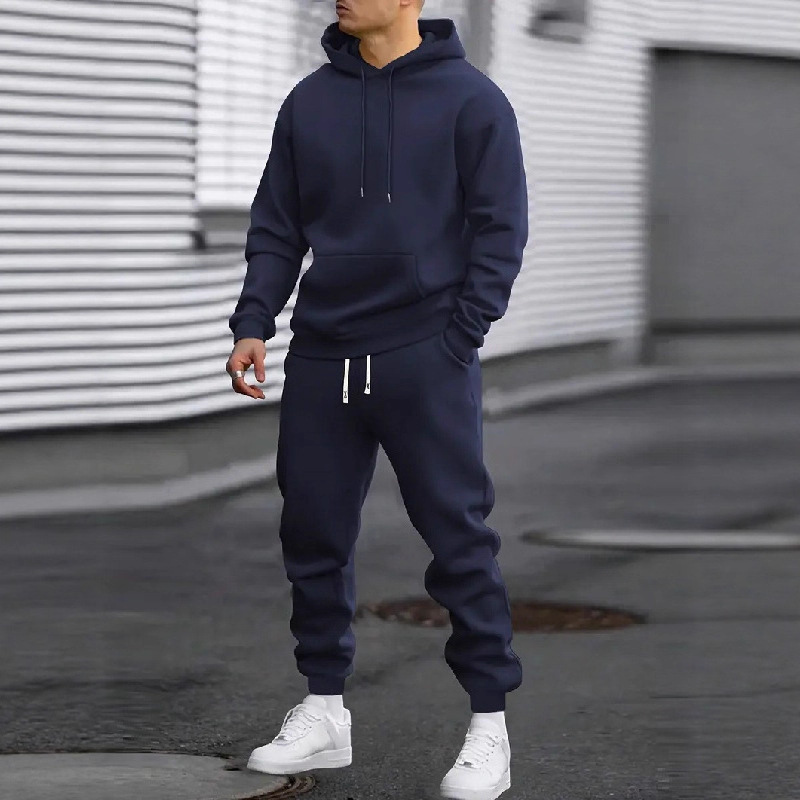 Cross-Border European Size Autumn and Winter New Men's Hooded Sweatshirt Set, Solid Color Sports Casual Set, Hoodie Two-Piece Set