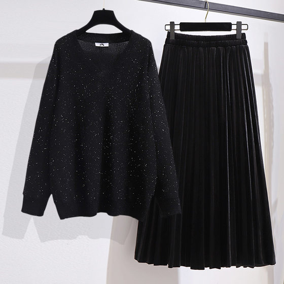Chubby Sister V-neck Sweater Sweater Korean Gold Velvet Skirt Autumn 2023 New Large Size Fashion Suit