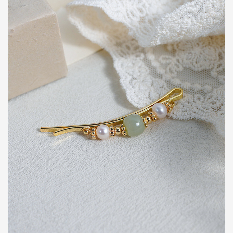 Niche Light Luxury Elegant Hetian Jade Pearl Hair Clip Fresh Girl Antique Side Clip One-character Hair Accessories 41098