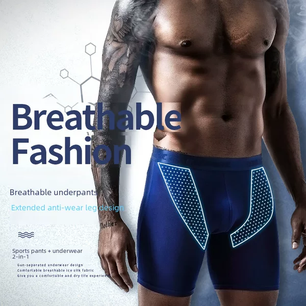 Ice Silk Mesh Men's Underwear, Sports Running, Extended Wear-Resistant Leg Boxer Briefs, Long-Leg Five-Quarter Pants Underwear for Men