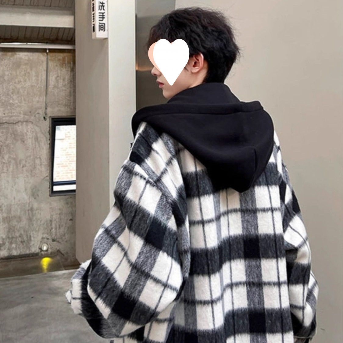 小香风黑白格子毛呢外套男款秋秋假两件大衣韩版连帽夹克褂子