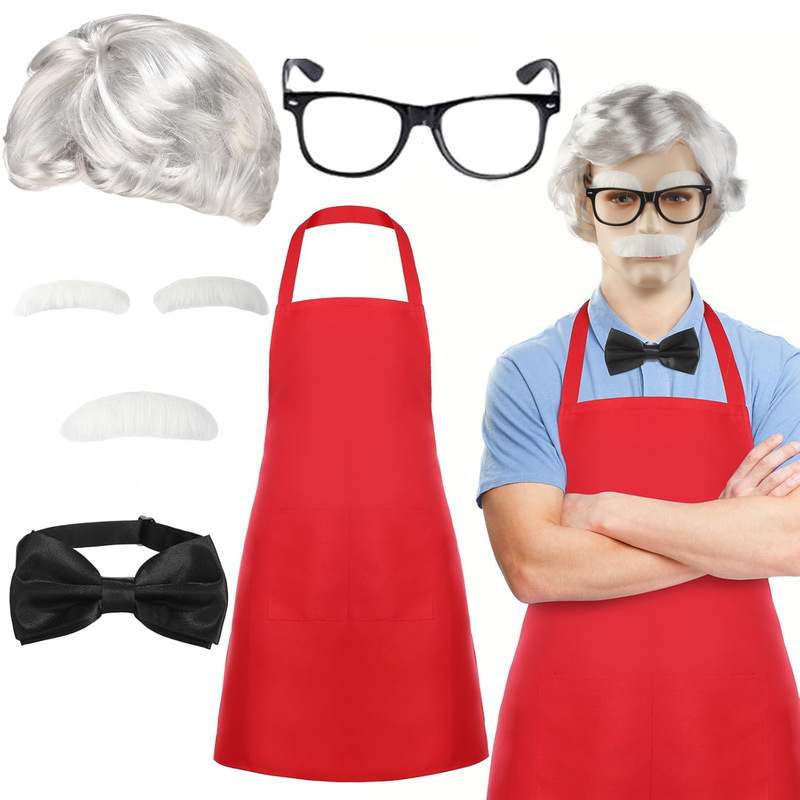 School Sandals Costume Men's White Wig Beard Red Bib Apron Halloween Costume School Sandals Costume Men's White Wig Beard Red Bib Apron Halloween Costume