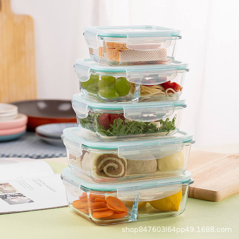 Glass Lunch Box Bowl Transparent Microwave Oven Rectangular Preservation Box Office worker Bento Box Household Round Preservation Bowl