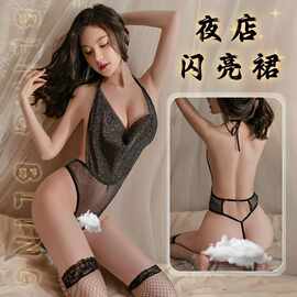 1688货源 透视网纱露肩情趣睡裙 情趣调情黑纱透视内衣套装
