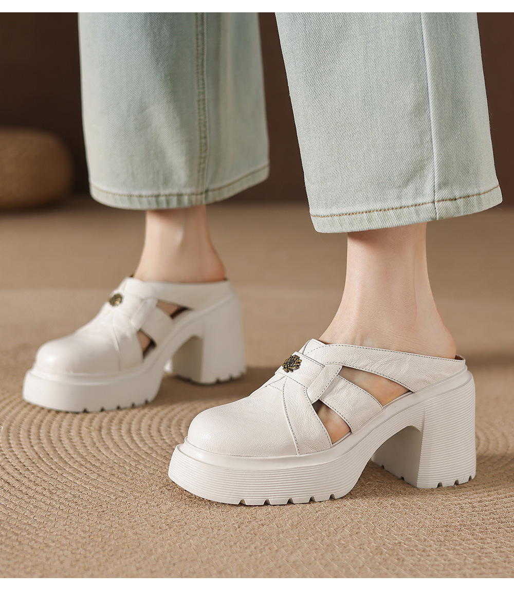 Sandal cao gót nữ mũi kín hở mũi đế dày gót thô 9 cm — màu đen, màu trắng ngà chi tiết 11