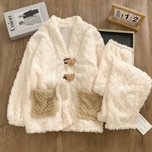 直播跨境冬季保暖加绒加厚睡衣女可爱ins翻领开衫家居服一件代发