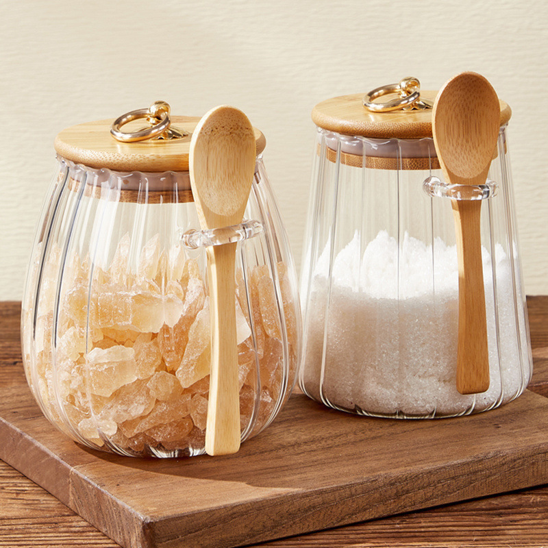 Almacenamiento de azúcar, almacenamiento de azúcar blanco, almacenamiento de azúcar doméstico, almacenamiento de vidrio sellado, azúcar marrón de cocina con cubierta