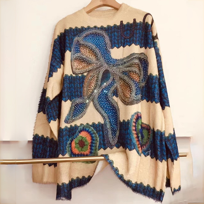 European plus size Imitation Mink Sweater Women's 2023 New Fashion Stylish Loose Lazy Wind Heavy Industry Hot Diamond Knitted Sweater