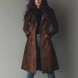 2026高品质欧美亚马逊跨境女装秋冬外套翻领麂皮绒长款风衣外套