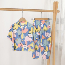 奇巧熊新款儿童人棉短袖套装 中童家居服男童短袖短裤人造棉衬衫