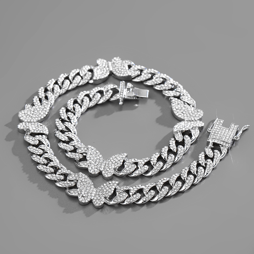 Collier chaîne papillon cuban link avec strass style hip hop_voghion.com