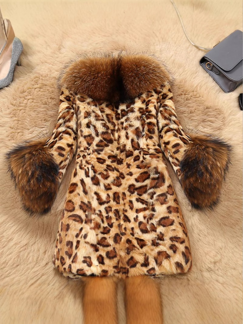 Cross-Border 2025 Autumn and Winter Fur Coat for Women, Mid-Length Leopard Print Faux Raccoon Fur Collar, Faux Fur Warm Coat, Light Luxury