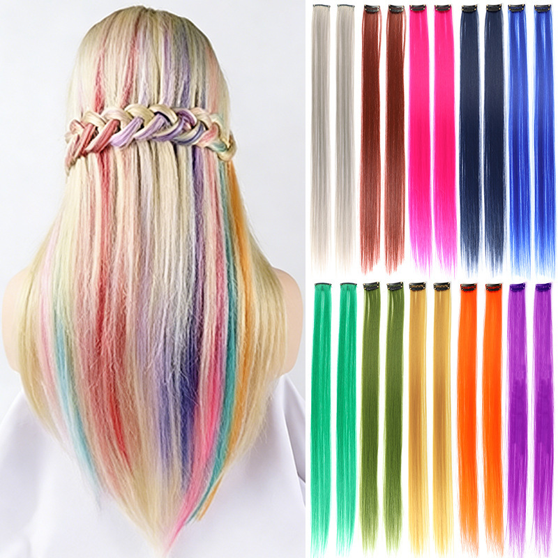 Clip-In Colored Hair Extensions, Multi-Color Straight Hair, Single-Color Clip-In Hair Extensions, High-Temperature Silk, Can Be Permed, One-Clip Highlight Hair Extensions