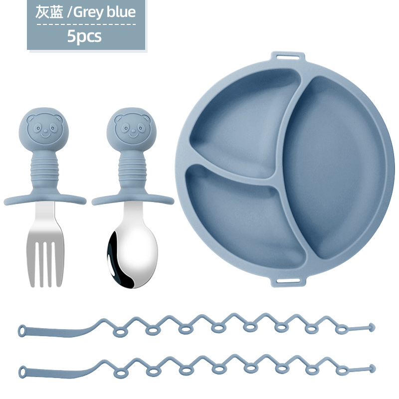 Placa de comedor de cadena anti-pérdida para niños, entrenamiento para bebés, plato de comedor dividido, cuchara de tenedor, suplemento alimenticio de silicona para bebés, cuchara de oso, tenedor