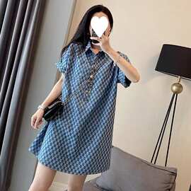 2-300斤胖mm牛仔蓝连衣裙女夏季新款特大码中长款宽松短袖T恤裙子