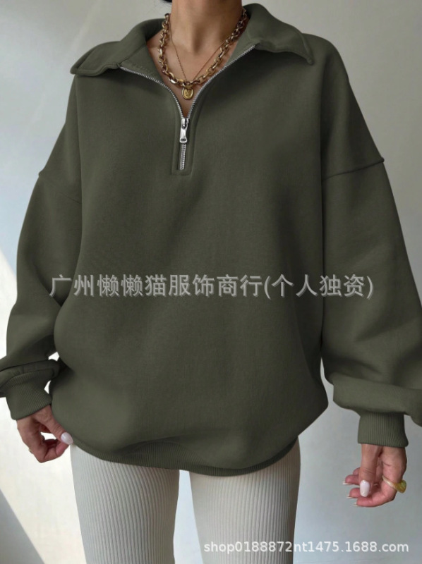 2025新款亚马逊春秋新款女式纯色宽松半拉链开襟长袖简约休闲卫衣|undefined