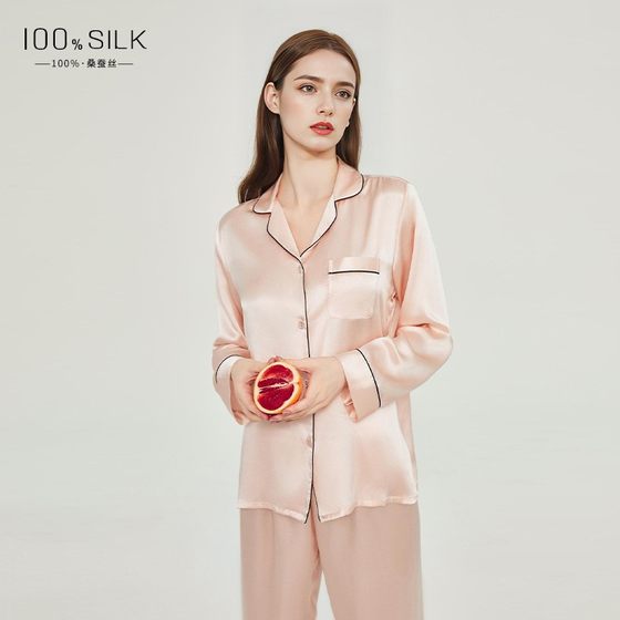 2024 spring and autumn silk pajamas ladies autumn and winter new long sleeve trousers 100% mulberry silk home clothes suit wholesale