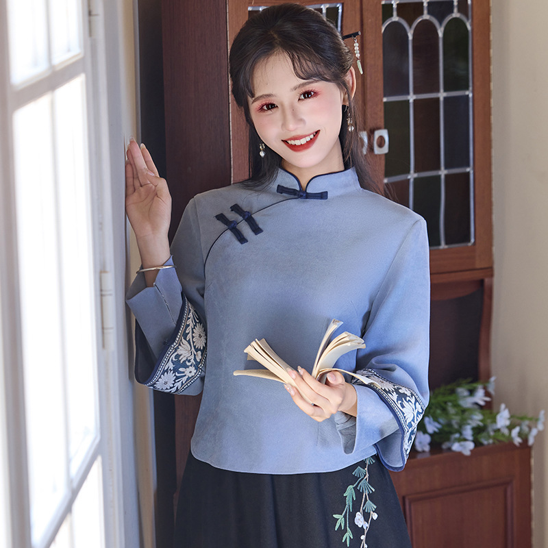 新中式民国套装少女年轻款气质国风旗袍上衣半身裙两件套秋冬茶服|undefined