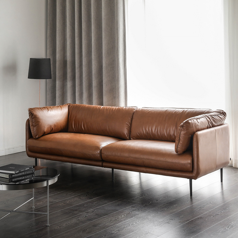 Retro Mid-Century Style Oil Wax Leather Sofa B&B Hotel Cafe Small Living Room Caramel Color Three-Seater Leather