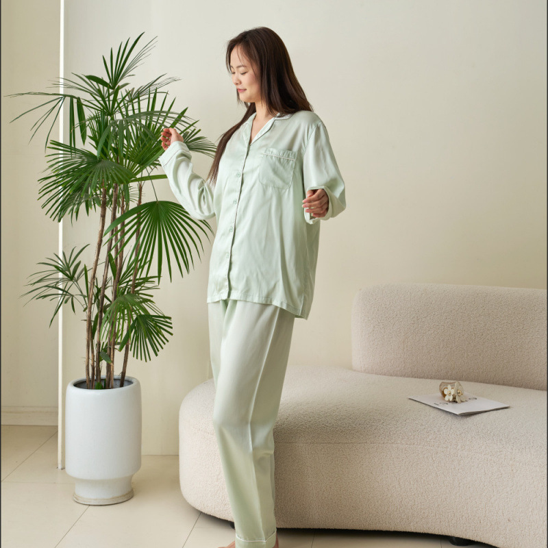 26 Years of New Models of Lenzing Tencel Lyocell Home Wear Pajamas, Summer Long-Sleeved Couple's Solid Color Two-Piece Set That Can Be Worn Outside