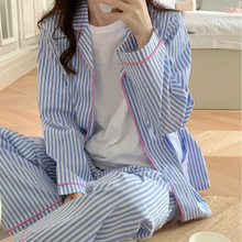 韩国外贸女士ins新款条纹睡衣女春秋长袖宽松两件套家居服套装女