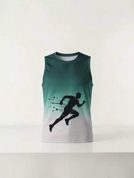 Gradient sports vest for men, athletic running silhouette print sleeveless top, quick-dry training fitness vest