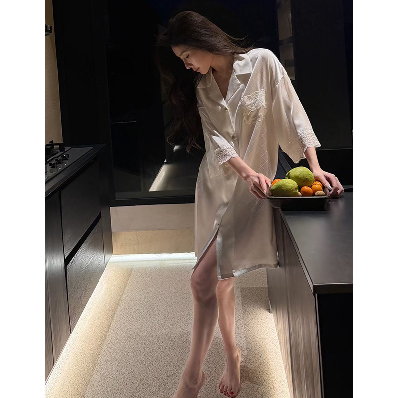 Sexy Boyfriend-Style Long Ice Silk Nightgown, Thin and Loose-Fitting Shirt-Style Sleep Dress That Can Be Worn Outside, with a High-End Feel for Summer