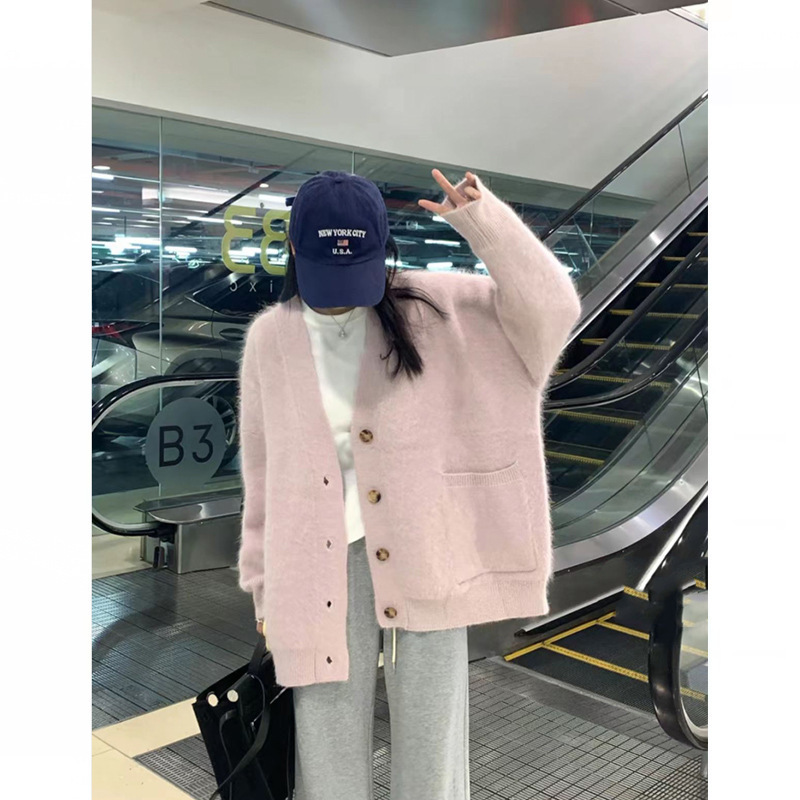 水貂绒毛衣外套女2025秋冬马海毛软糯加厚宽松慵懒风针织开衫上衣|undefined