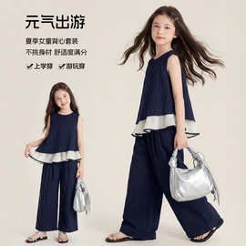 2026夏季新款女童仿天丝冰感花边牛仔两件套背心套装韩版休闲套
