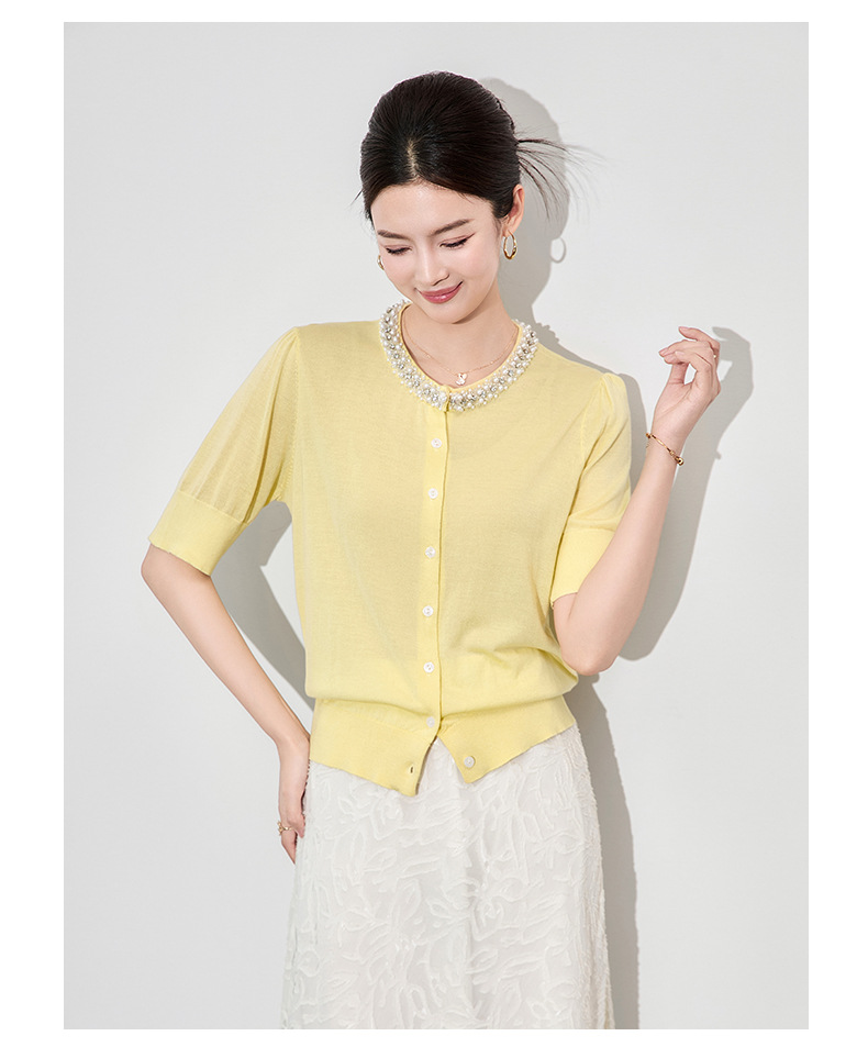 Áo len dệt kim ngắn tay cổ tròn đính cườm phong cách Pháp — đen chi tiết 15